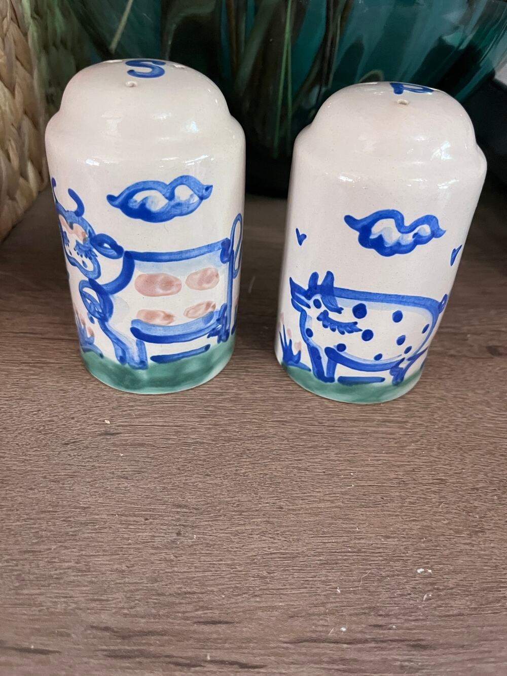 Vintage M.A. Hadley Pottery Hand-Painted Cow & Pig Salt & Pepper Shaker Set